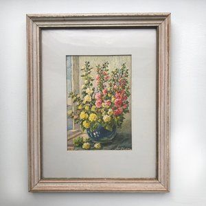 Vintage Framed Hollyhocks Watercolor Print-Signed